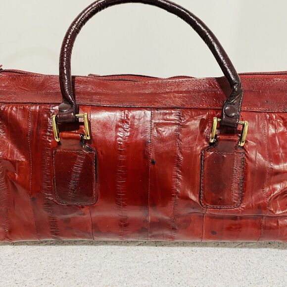 Vintage Red Eel Skin Leather Double Handle Satchel & Shoulderbag Purse Korea - Picture 11 of 12